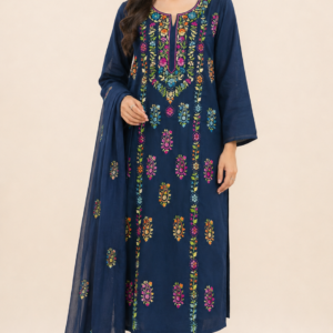 Handmade Pakka Multi-Thread Work 3 Piece Suit – Lawn Shirt, Trouser & Chiffon Dupatta