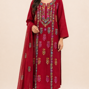 Handmade Pakka Multi-Thread Work 3 Piece Suit – Lawn Shirt, Trouser & Chiffon Dupatta