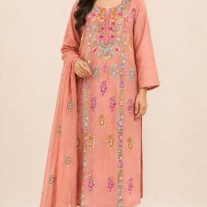 Handmade Pakka Multi-Thread Work 3 Piece Suit – Lawn Shirt, Trouser & Chiffon Dupatta
