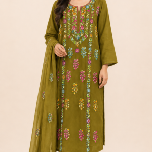 Handmade Pakka Multi-Thread Work 3 Piece Suit – Lawn Shirt, Trouser & Chiffon Dupatta