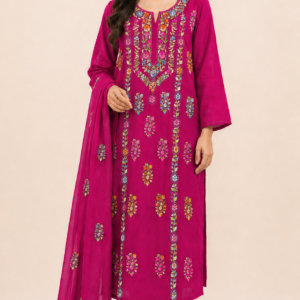 Handmade Pakka Multi-Thread Work 3 Piece Suit – Lawn Shirt, Trouser & Chiffon Dupatta
