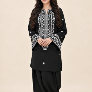 White Embroidered Black Winter Cotton Suit – 2 Piece