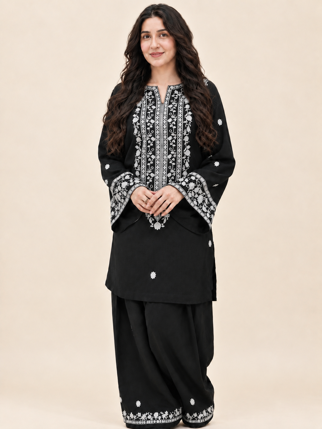 Black Winter Cotton Suit White Embroidery