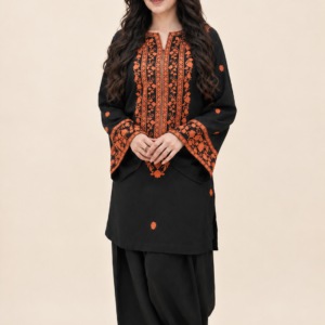 Rust Orange Embroidered Black Winter Cotton Suit – 2 Piece