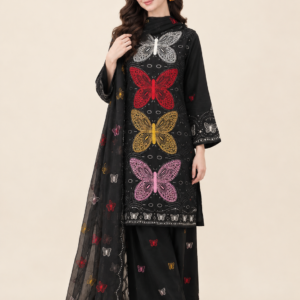 Black Butterfly Embroidered Winter Cotton – 3 Piece Suit